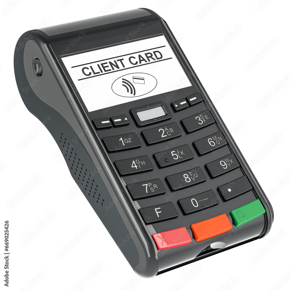 Poster credit card terminal. pos terminal, 3d rendering isolated on transparent background