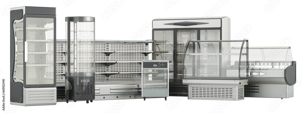Poster commercial refrigeration display cases and merchandiser racks. food display and merchandising equipm