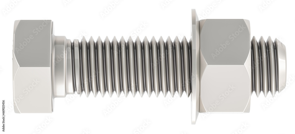 Poster bolt with nut, side view. 3d rendering isolated on transparent background