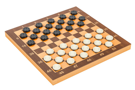 International checkers game board and pieces. 3D rendering isolated on transparent background
