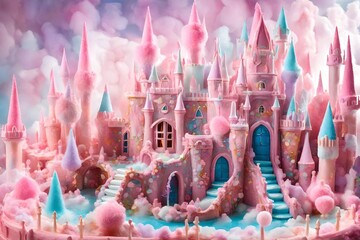 A cute fantasy pink castle made of cotton candy  and sugar