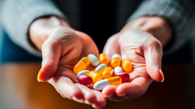 Colorful Pills and capsules held in hands by an elderly person. Concept of over-medicalization, cures and addictive drugs. Close up with shallow field of view and copyspace.
