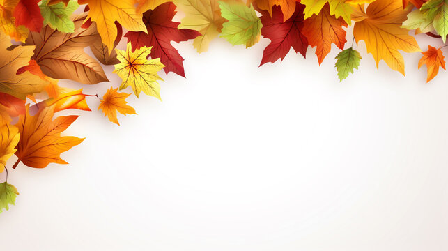 Autumn seasonal background with long horizontal border made of falling autumn green, golden, red and orange colored leaves isolated on background. Hello autumn illustration