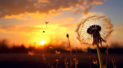 The dramatic silhouette of a dandelion against a setting sun, seeds ready to take flight.