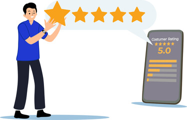 customer giving five 5 feedback review. giving product review satisfaction