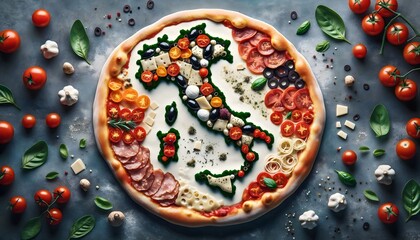 A culinary work of art: pizza in the shape of Italy, garnished with traditional Italian flavours and colours.