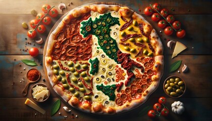 Artistic pizza with the outline of Italy in relief, surrounded by sun-dried tomatoes, olives and other traditional ingredients.