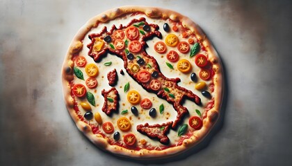 Creative representation of Italy through culinary art, with a pizza that portrays the shape of the nation using delicious ingredients.