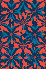 Blue and Red Frangipani Harmony, 2D Flat Vector Patterns