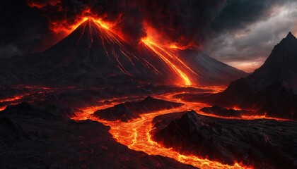 landscape with a volcanic eruption at night