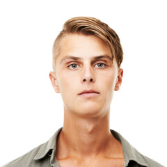 Young man, portrait and face with hairstyle, serious or blank stare isolated against a white studio...