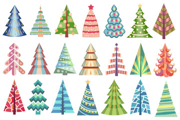 Abstract, colorful Christmas tree set. Unusual stylized Christmas trees, different color. Abstract colored and designed New Year event trees.