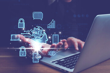 Artificial Intelligence, Chatbot Chat with AI,man using technology smart robot AI, Ai , businessman using technology Global Internet connect Chatgpt Chat with AI, Futuristic technology transformation.