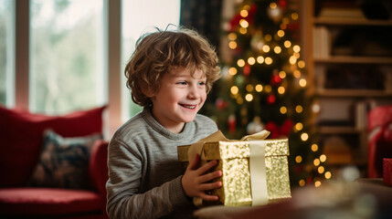 Obraz na płótnie Canvas The boy is receiving a gift under the Christmas tree, Generative Ai