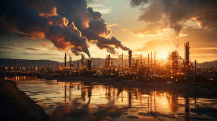 A sunset with an oil refinery in the background, with intense shadows and a photorealistic pastiche, creating a spatial composition. - obrazy, fototapety, plakaty