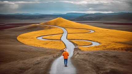 Man facing the decision of taking the easy way or the hard and long way to his destination