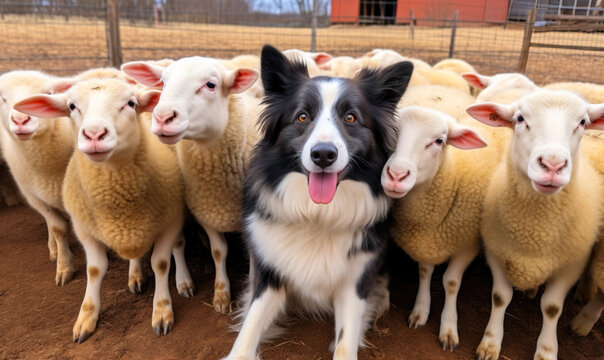 Happy border colie with his  flock of sheep