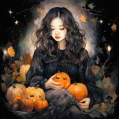 A woman is holding pumpkins and leaves in the corner of her hands