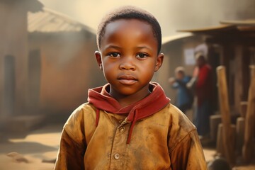 sad serious African boy in a village. Africa social issues.