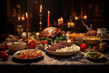 Christmas food on the table. Festive Thanksgiving dinner.  Turkey and appetizers traditional serving. 