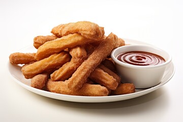 Photo of a serving of Mexican churros with cinnamon sugar on a clean white background. Generative AI