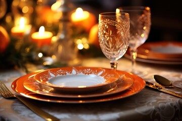 christmas table setting in orange color with candles