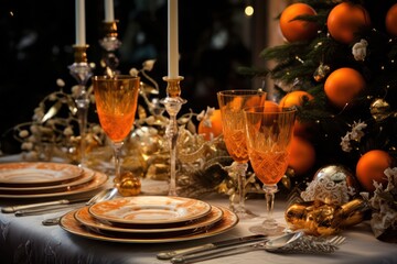 Fototapeta na wymiar festive christmas dinner table setting in orange color palette
