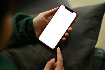 Young woman in green sweater using mobile phone while sitting on sofa. Empty screen for advertising...