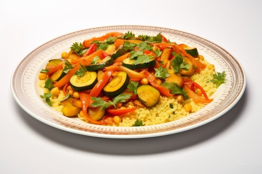 Photo of a serving of Moroccan couscous with vegetables on a pure white desk. Generative AI