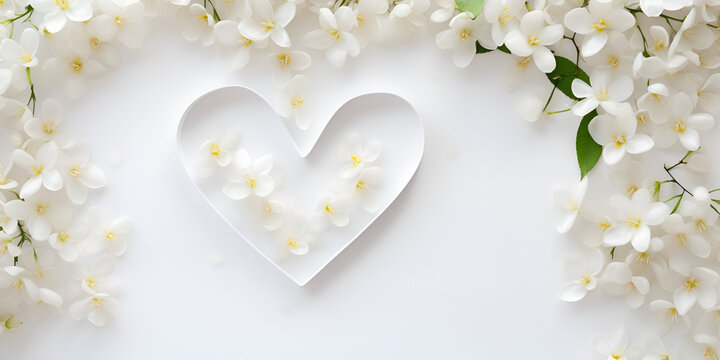 Close-up photo of beautiful white jasmine flowers flowering  branches with white heart shape for the wedding birthday or other celebration valentine's day with white background
