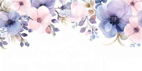 Fototapeta na wymiar Watercolor flowers top border on white background 