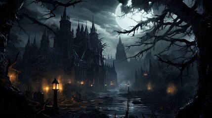Mystical castle in dark background
