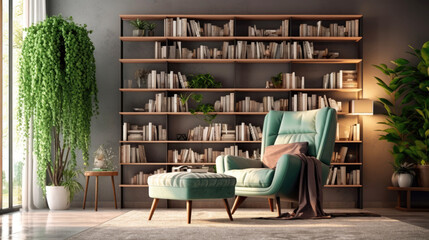 American bookcase with turquoise armchair in cozy interior