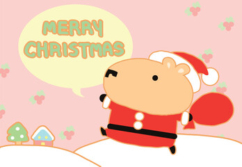 Happy little capybara says Merry Christmas, cartoon style with background.
