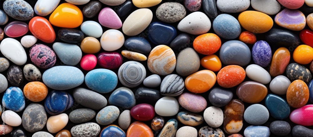 Poster close up texture of small multicolored sea pebble with shell on natural background