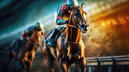 Fototapeta na wymiar Jockey and horse in action on race track