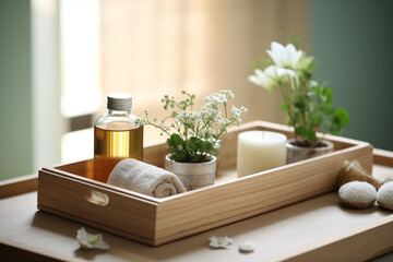 Fototapeta na wymiar Wooden bath tray with herbal massage bags and bathroom amenities on tub indoors