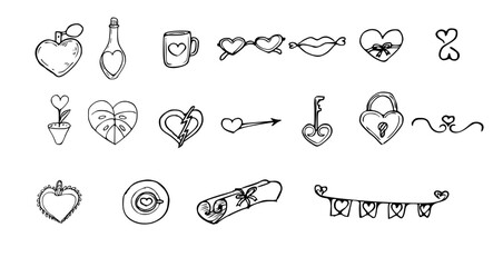 Vector set doodle heart illustration for Saint Valentine’s Day,   wedding
