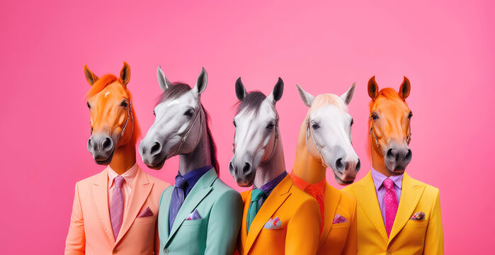 Funny anthropomorphic horses in pastel suits