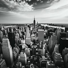 Black and white photograph featuring New York City's iconic buildings
