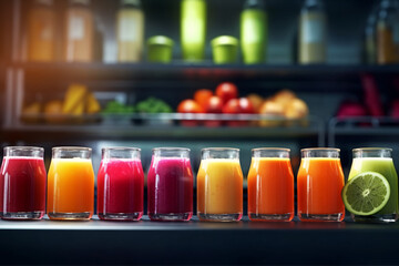 Glasses with different healthy smoothies on wooden table, closeup. Variety of fresh fruit juices on a wooden background. Selective focus. - obrazy, fototapety, plakaty