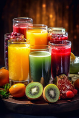 Variety of fresh fruit juices on a wooden background. Selective focus. Glasses with tasty juice on table, closeup. Healthy diet