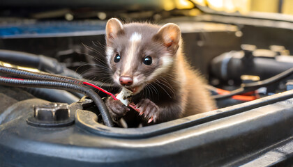 Stone marten damaging cables in the engine compartment of a car, generative ai	 - obrazy, fototapety, plakaty