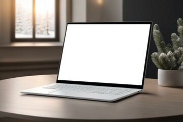 Obraz premium Mockup of a modern laptop screen on a table in a stylish minimalist interior. Cozy winter snowy season. 