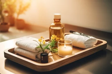 Foto op Plexiglas Wooden bath tray with herbal massage bags and bathroom amenities on tub indoors © alisaaa