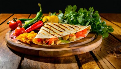 Chicken quesadilla and fresh vegetables in a wooden tray