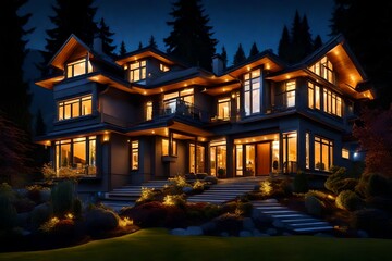 Fototapeta na wymiar closeup view, Luxury house, night with fantastic glow, lights in Vancouver