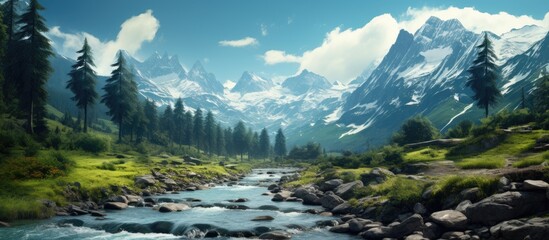 Mountainous alpine landscapes with flowing rivers and valleys