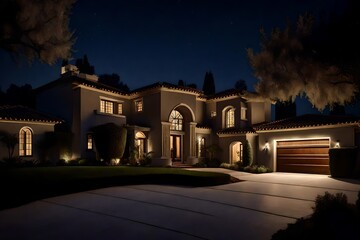 Fototapeta na wymiar two story stucco luxury house with garage door, big tree and nice landscape at night