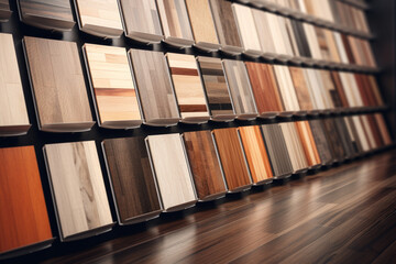 Wood flooring samples selection in rack in retail store